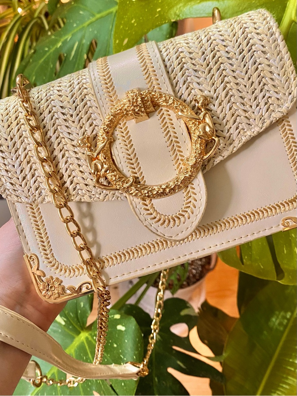 Cream Woven Crossbody Bag with Gold Hardware